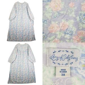 Lanz Of Salzburg Vintage Nightgown Blue Floral Flannel Grandma Plus Size 3X